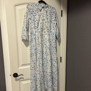 Julia Amory, blue and white block print dress